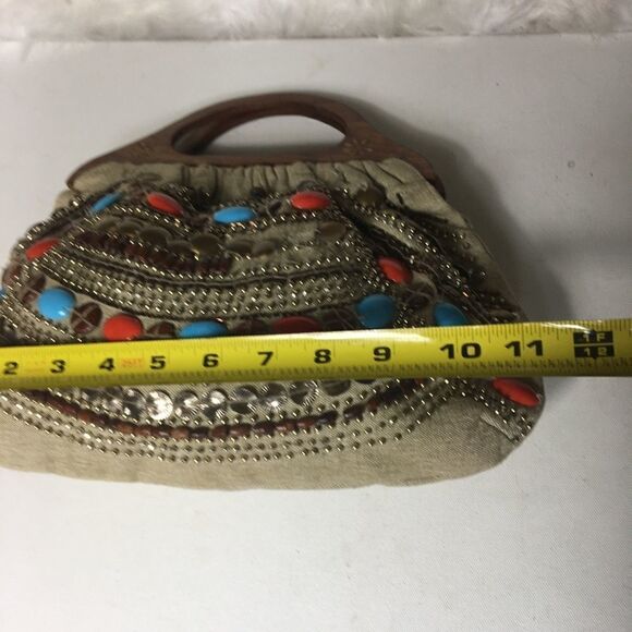 Aldo khaki canvas beads wooden handle satchel bag - Picture 6 of 11